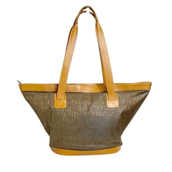 Gucci Vintage Trapezoid Canvas Logo Monogram Tan Gold Leather Tote Bag - Picture 2 of 15